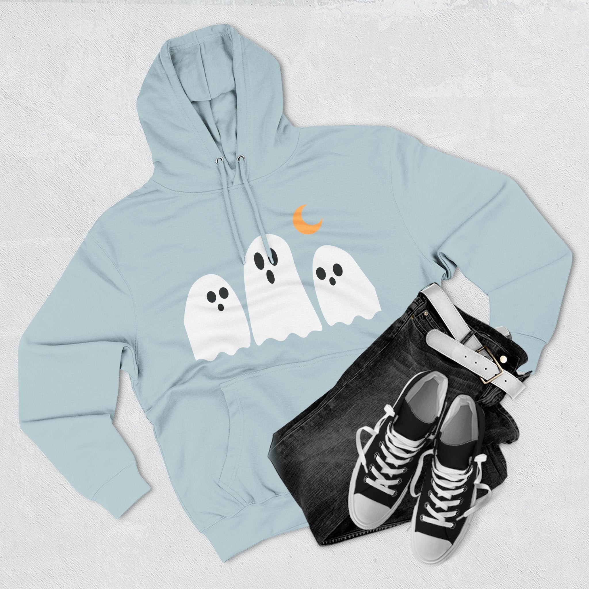 Ghost Trio Hoodie — Cute Halloween Fleece Pullover with Moon