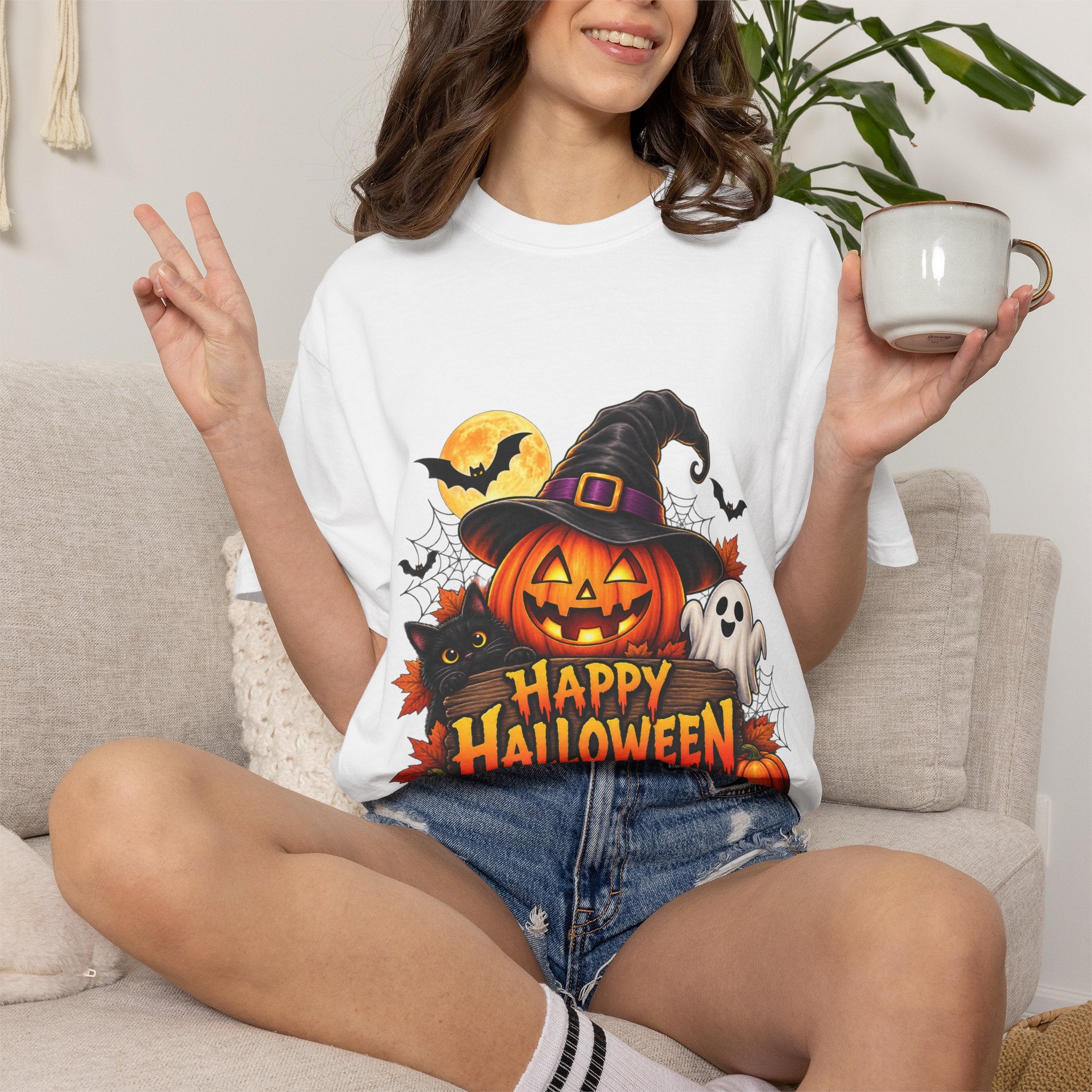 Happy Halloween Pumpkin Tee — Jack-o'-Lantern Witch Hat & Ghosts