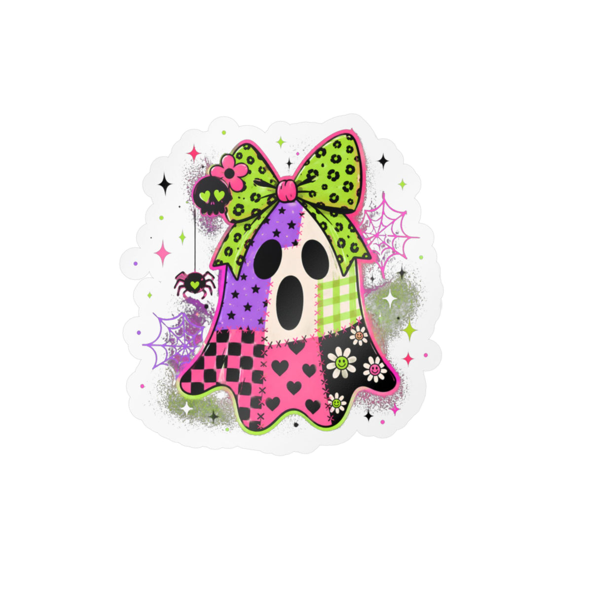Kawaii Patchwork Ghost Kiss-Cut Vinyl Sticker — Cute Halloween Decal