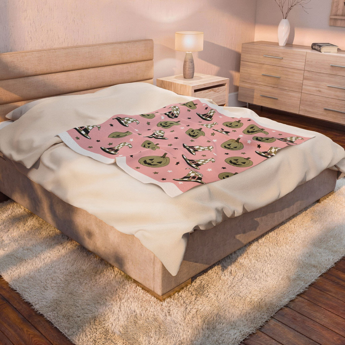 Velveteen Plush Blanket — Pink Halloween Jack-o'-Lanterns & Witch Hats Cozy Throw