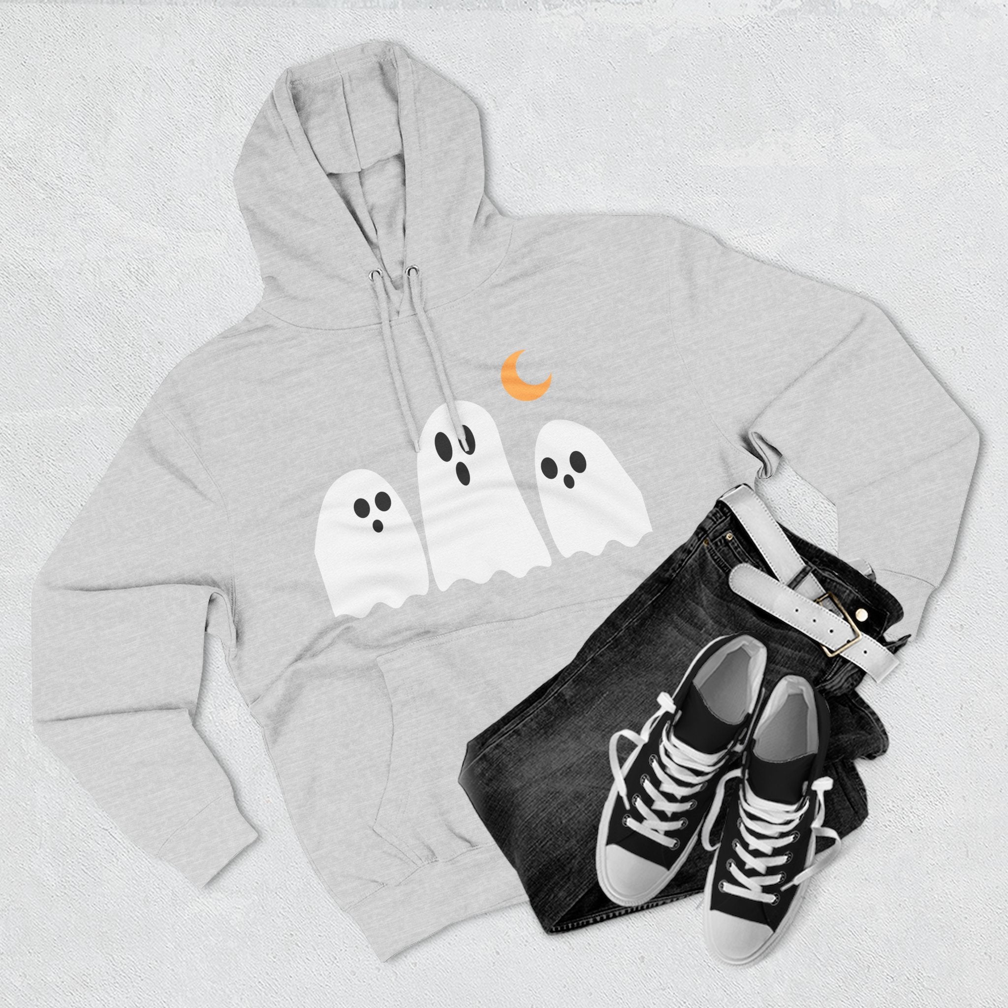 Ghost Trio Hoodie — Cute Halloween Fleece Pullover with Moon