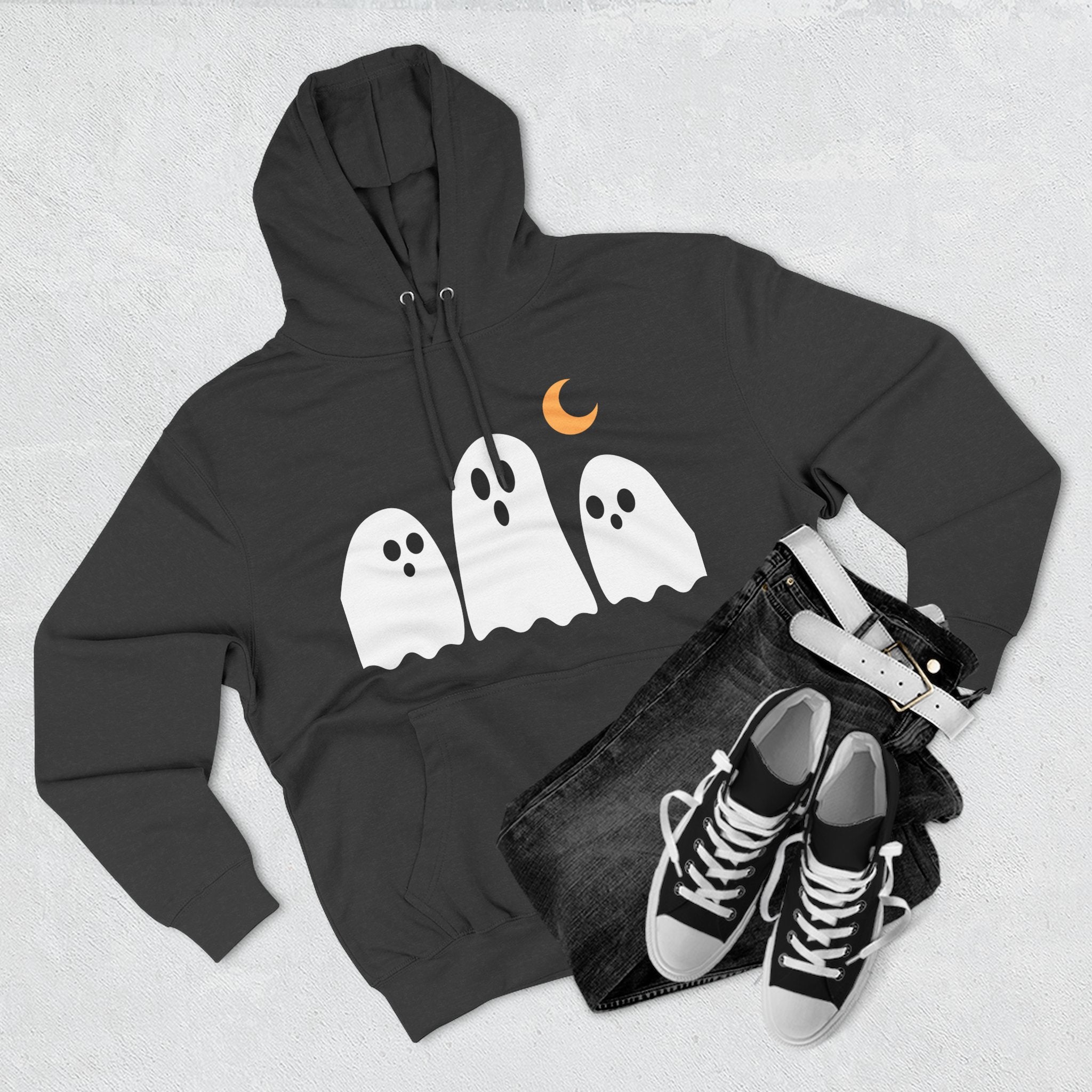 Ghost Trio Hoodie — Cute Halloween Fleece Pullover with Moon