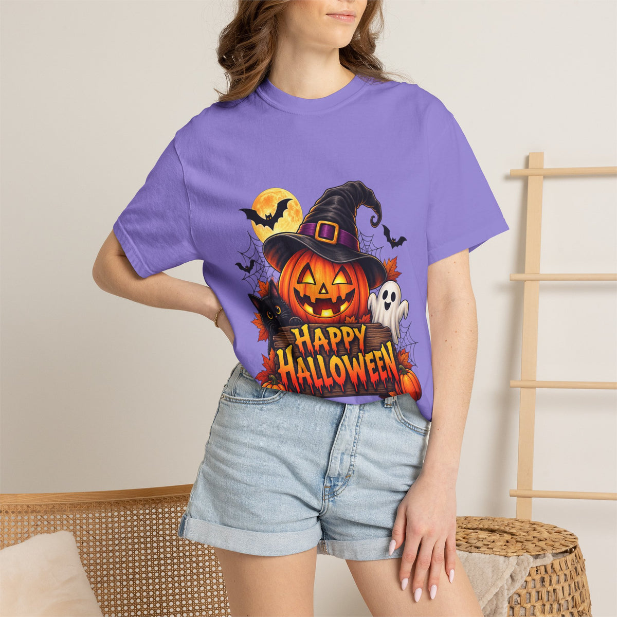 Happy Halloween Pumpkin Tee — Jack-o'-Lantern Witch Hat & Ghosts