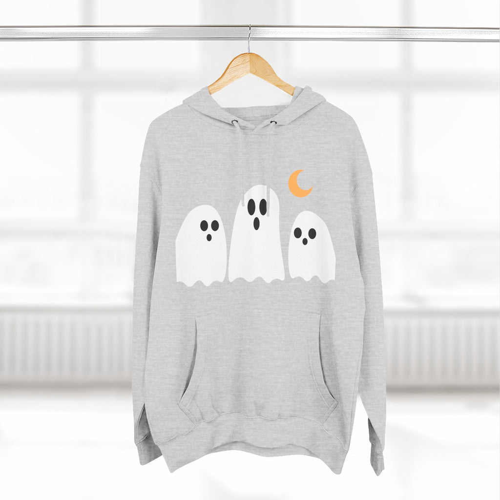 Ghost Trio Hoodie — Cute Halloween Fleece Pullover with Moon