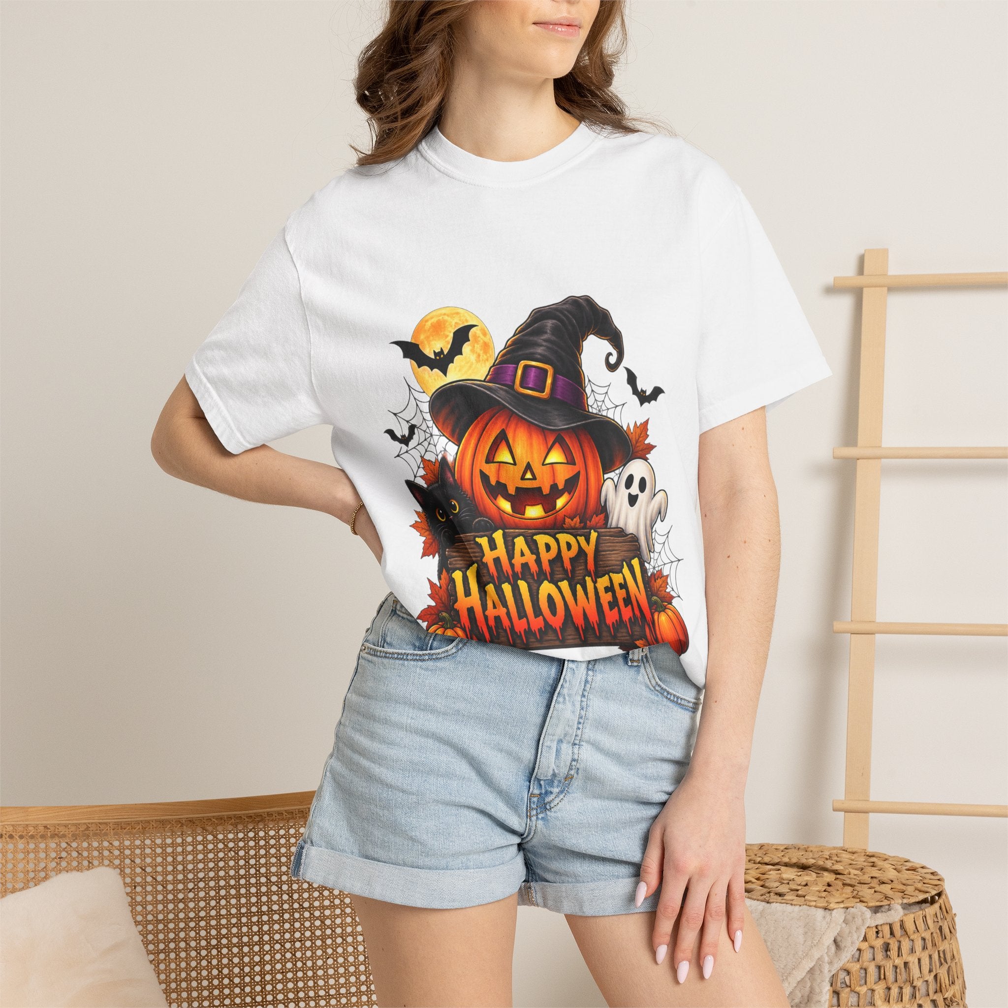 Happy Halloween Pumpkin Tee — Jack-o'-Lantern Witch Hat & Ghosts