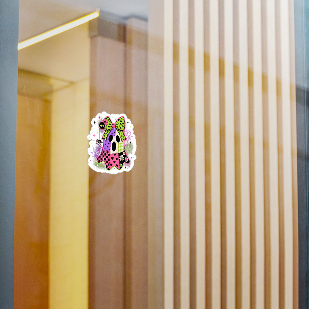 Kawaii Patchwork Ghost Kiss-Cut Vinyl Sticker — Cute Halloween Decal