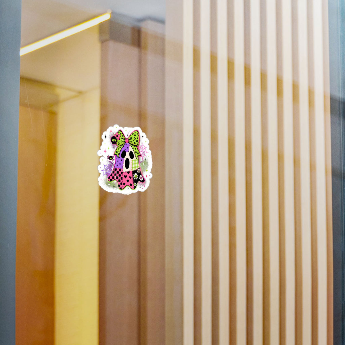 Kawaii Patchwork Ghost Kiss-Cut Vinyl Sticker — Cute Halloween Decal