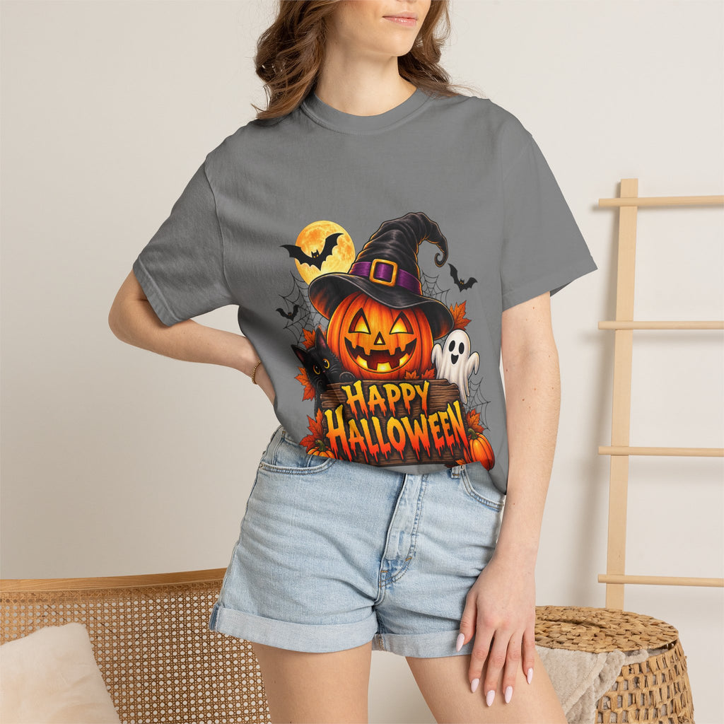 Happy Halloween Pumpkin Tee — Jack-o'-Lantern Witch Hat & Ghosts