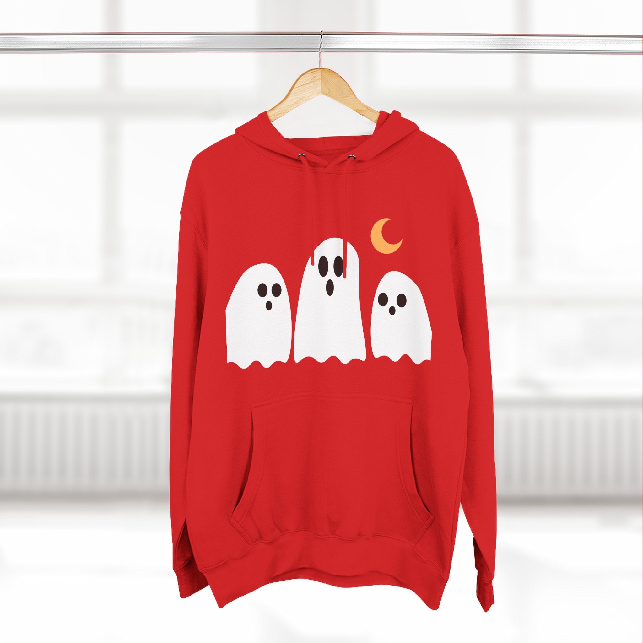 Ghost Trio Hoodie — Cute Halloween Fleece Pullover with Moon