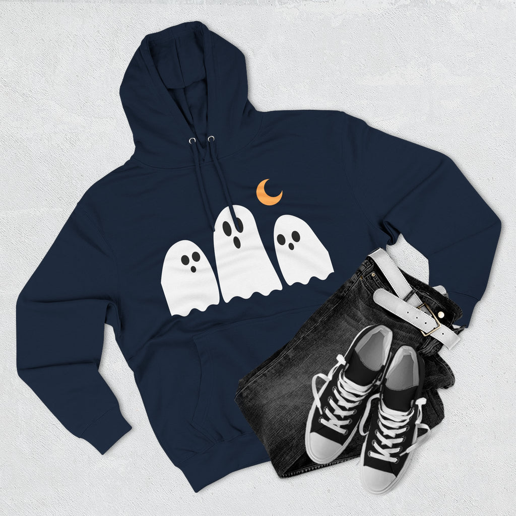 Ghost Trio Hoodie — Cute Halloween Fleece Pullover with Moon