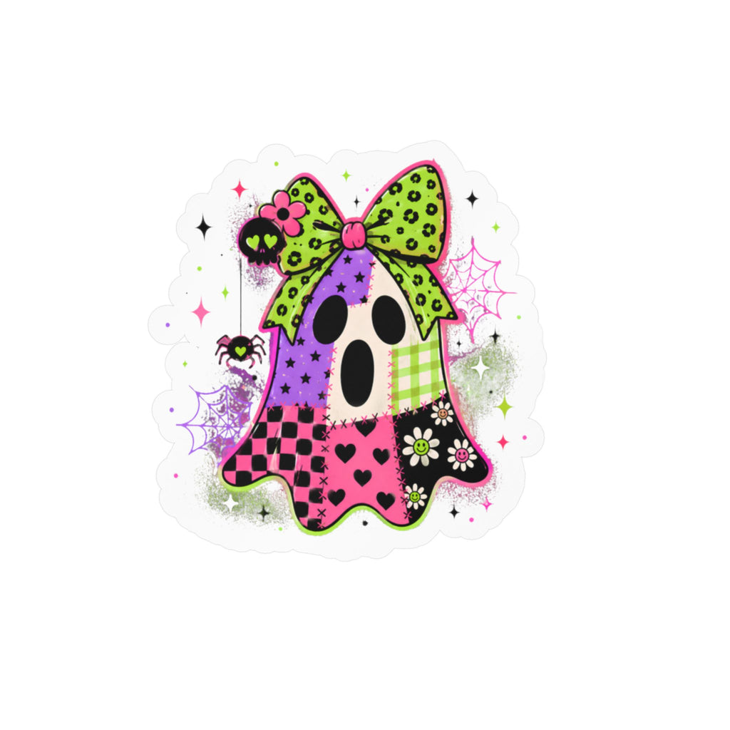 Kawaii Patchwork Ghost Kiss-Cut Vinyl Sticker — Cute Halloween Decal