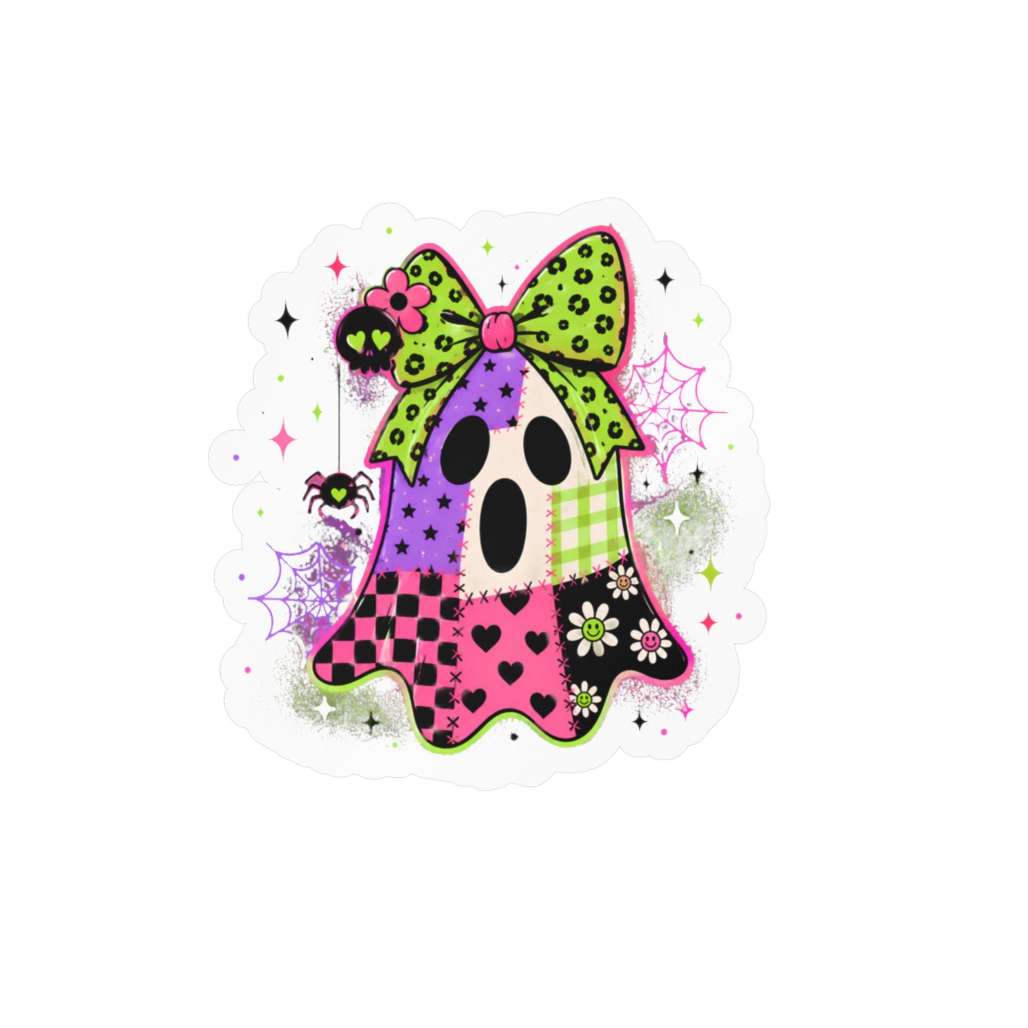 Kawaii Patchwork Ghost Kiss-Cut Vinyl Sticker — Cute Halloween Decal