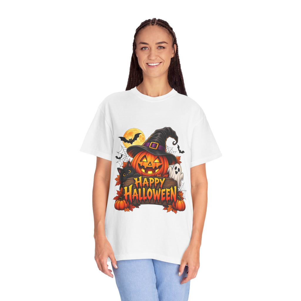 Happy Halloween Pumpkin Tee — Jack-o'-Lantern Witch Hat & Ghosts