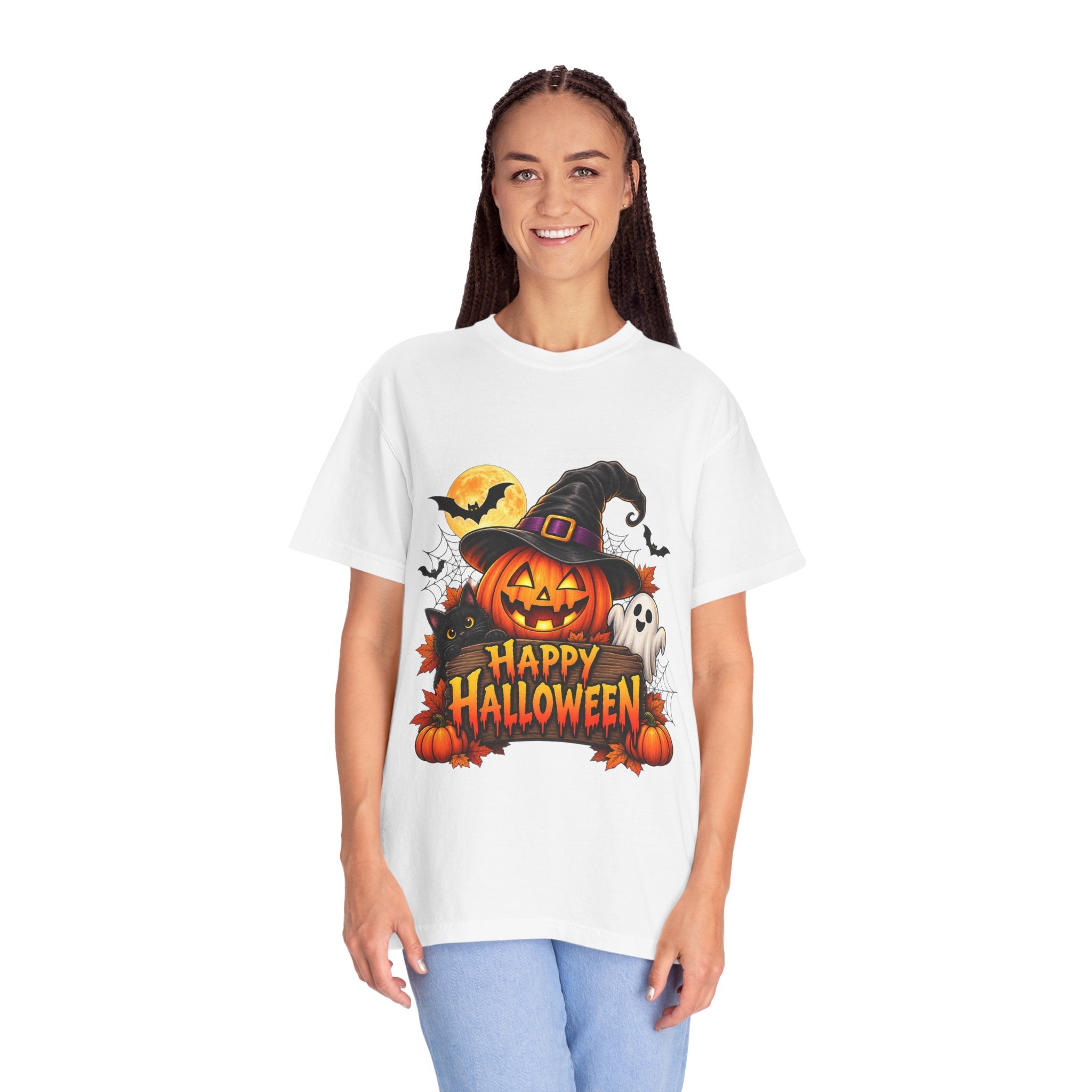 Happy Halloween Pumpkin Tee — Jack-o'-Lantern Witch Hat & Ghosts