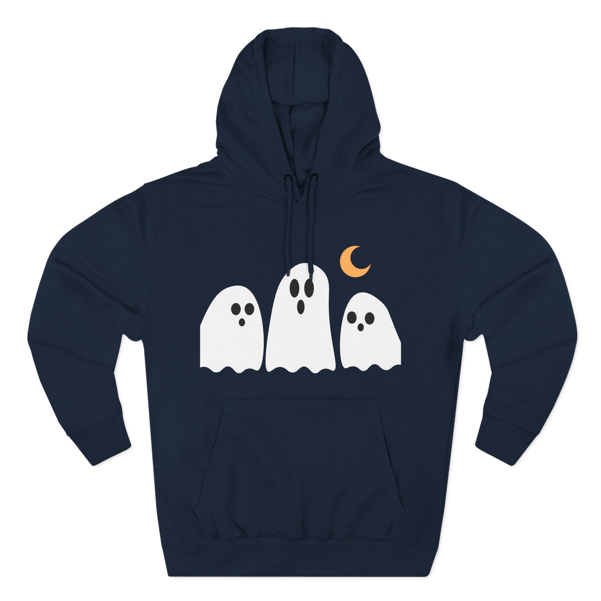 Ghost Trio Hoodie — Cute Halloween Fleece Pullover with Moon