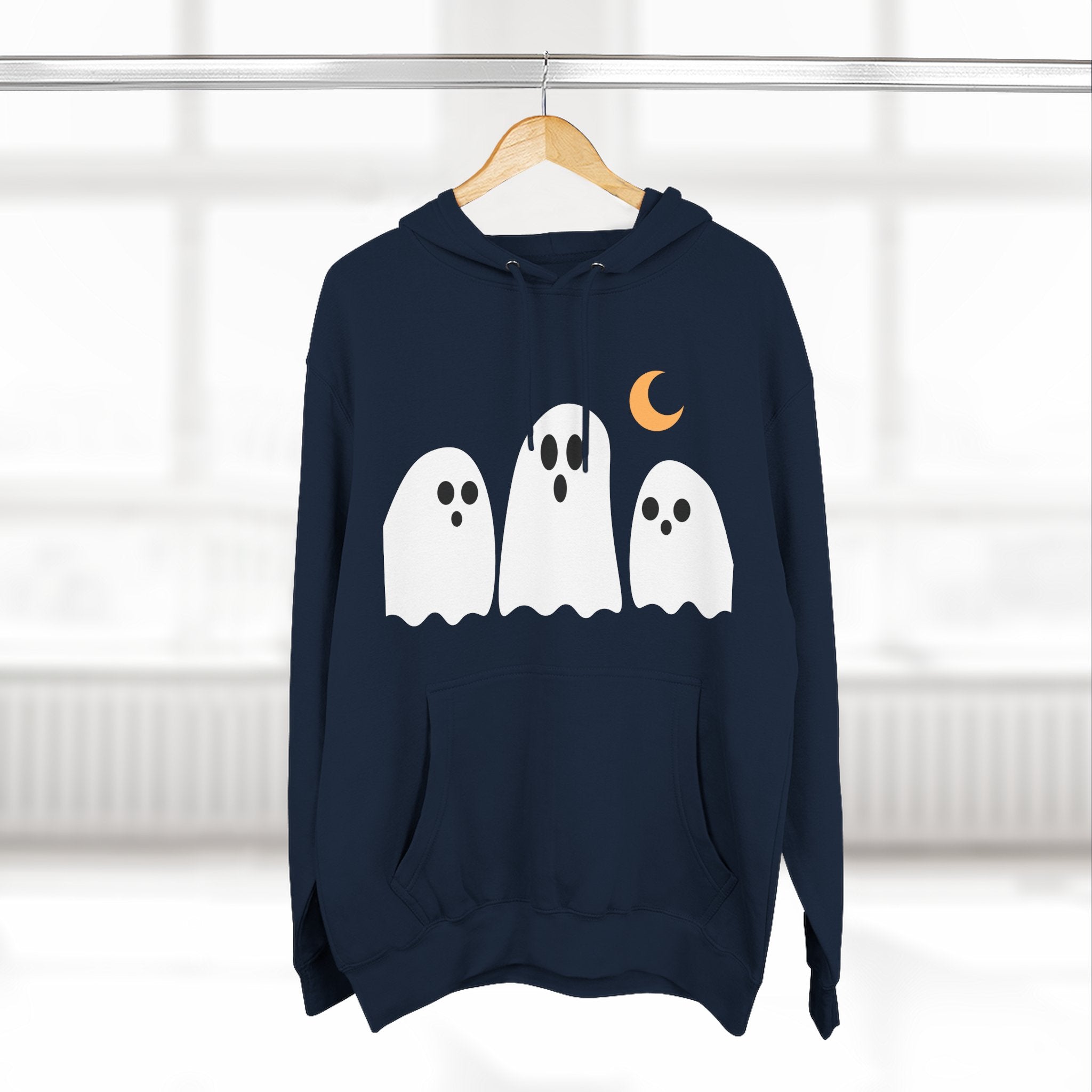 Ghost Trio Hoodie — Cute Halloween Fleece Pullover with Moon