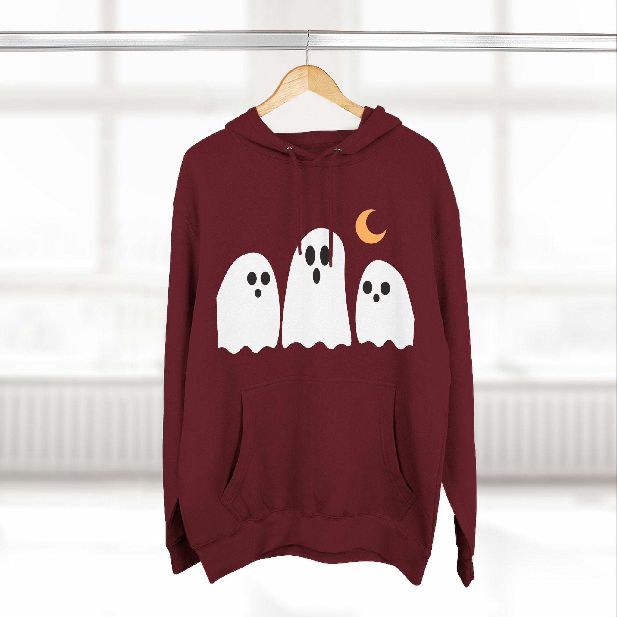 Ghost Trio Hoodie — Cute Halloween Fleece Pullover with Moon