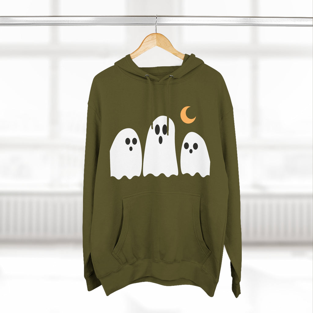 Ghost Trio Hoodie — Cute Halloween Fleece Pullover with Moon