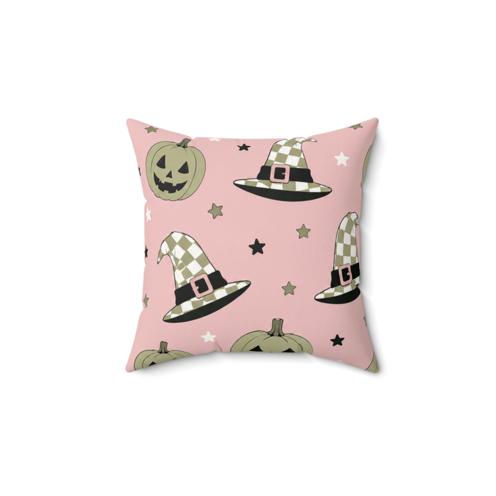 Pink Halloween Pillow | Witch Hats & Pumpkins Spooky Fall Throw Pillow