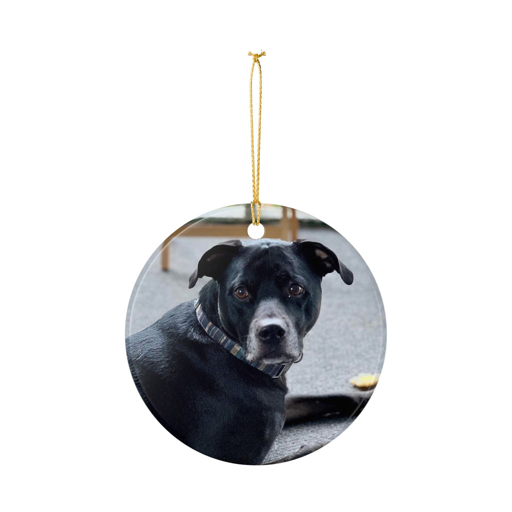 Ceramic Dog Photo Ornament — Personalized Black Lab Memorial or Holiday Keepsake