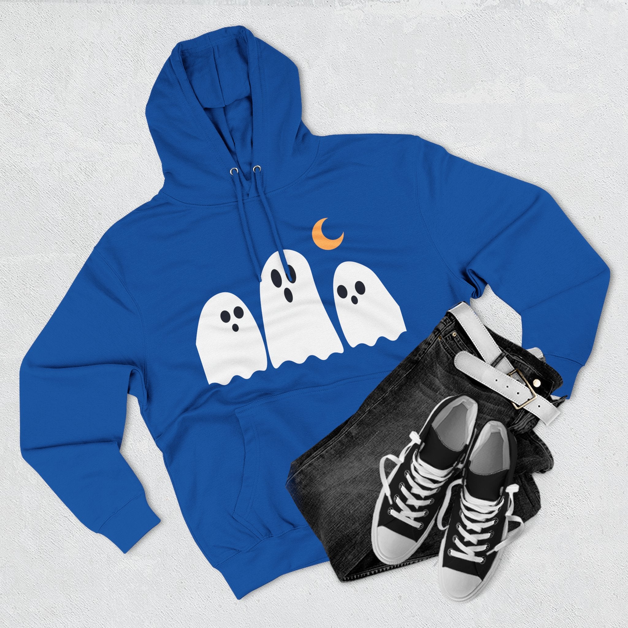 Ghost Trio Hoodie — Cute Halloween Fleece Pullover with Moon