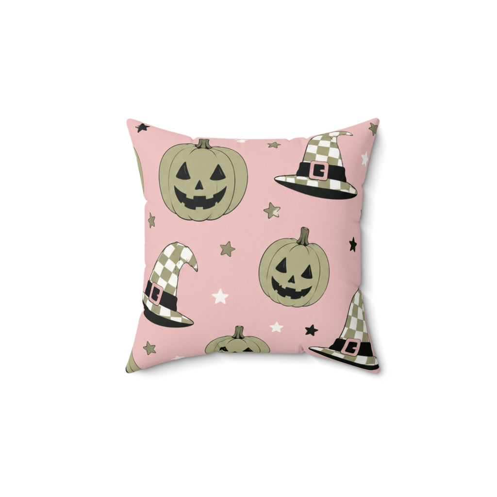Pink Halloween Pillow | Witch Hats & Pumpkins Spooky Fall Throw Pillow