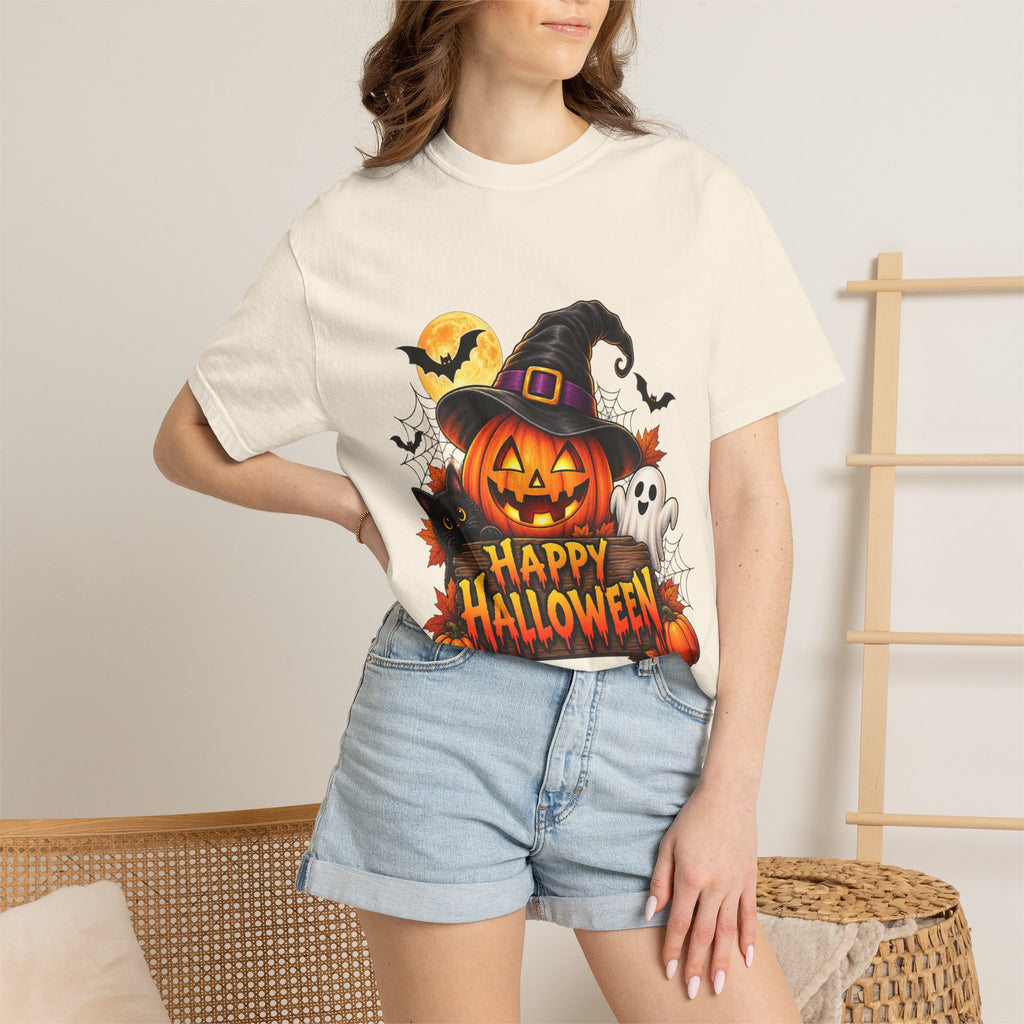 Happy Halloween Pumpkin Tee — Jack-o'-Lantern Witch Hat & Ghosts