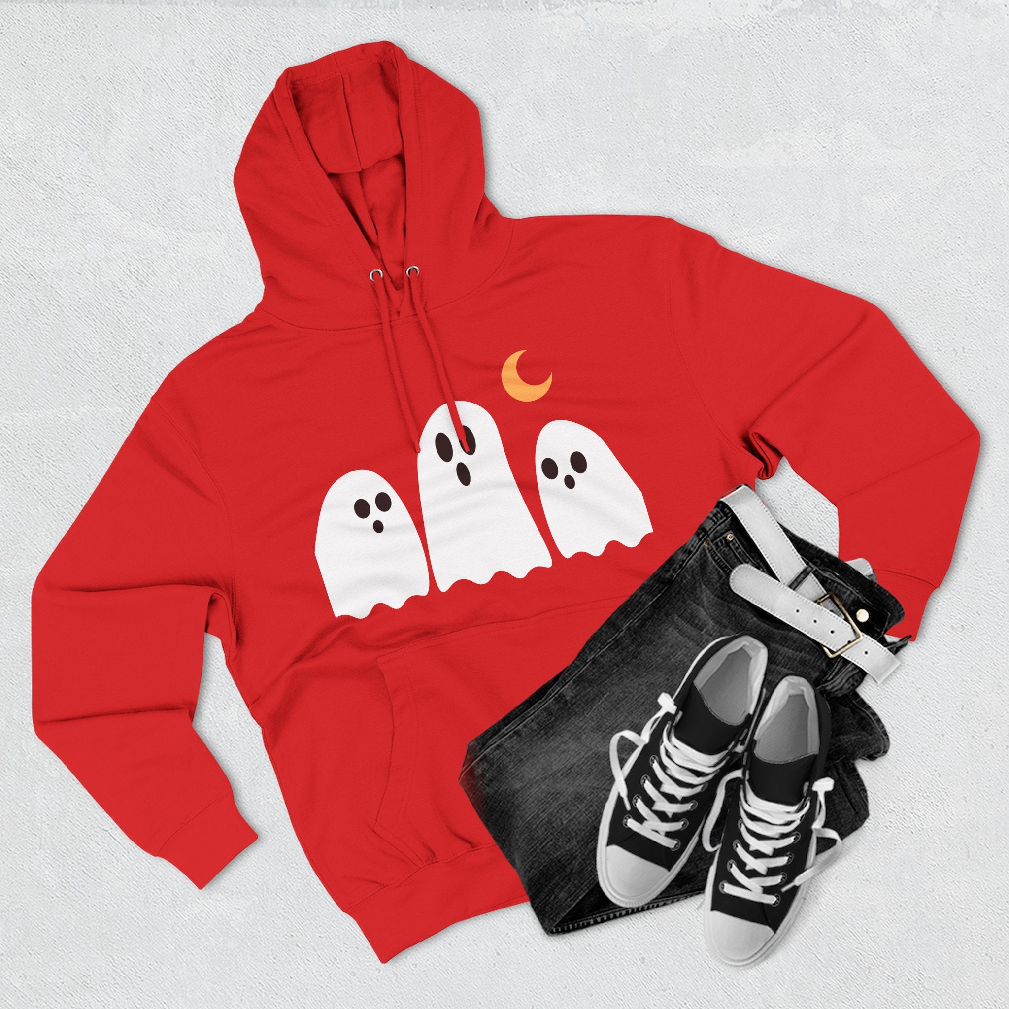 Ghost Trio Hoodie — Cute Halloween Fleece Pullover with Moon