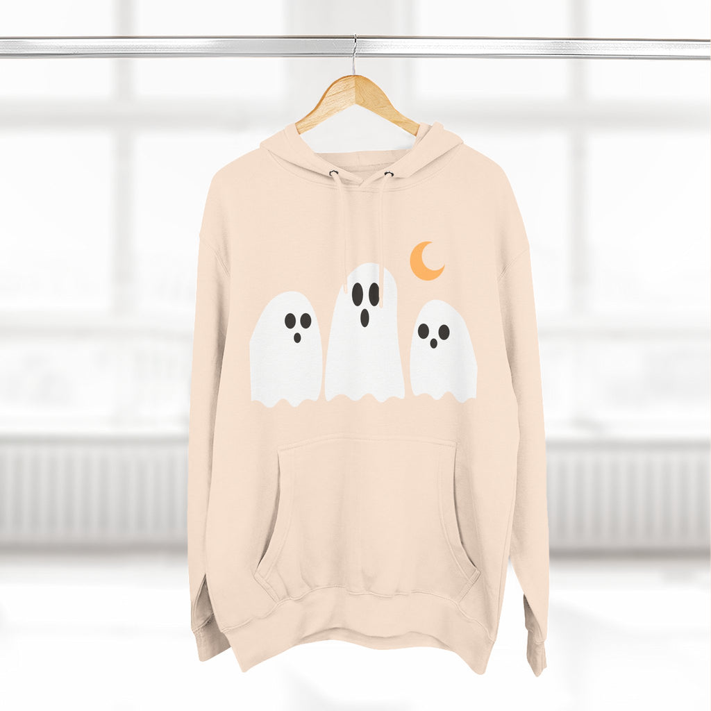 Ghost Trio Hoodie — Cute Halloween Fleece Pullover with Moon