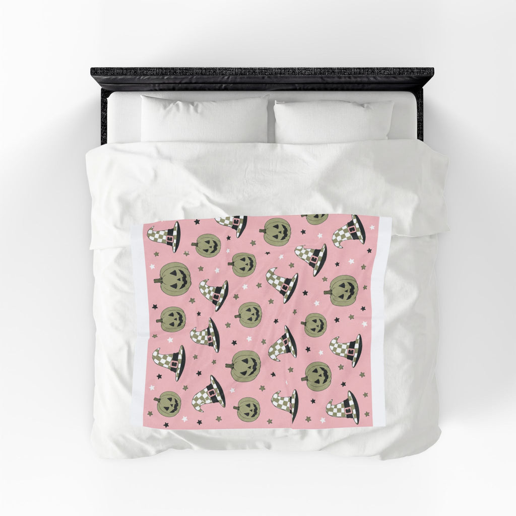 Velveteen Plush Blanket — Pink Halloween Jack-o'-Lanterns & Witch Hats Cozy Throw