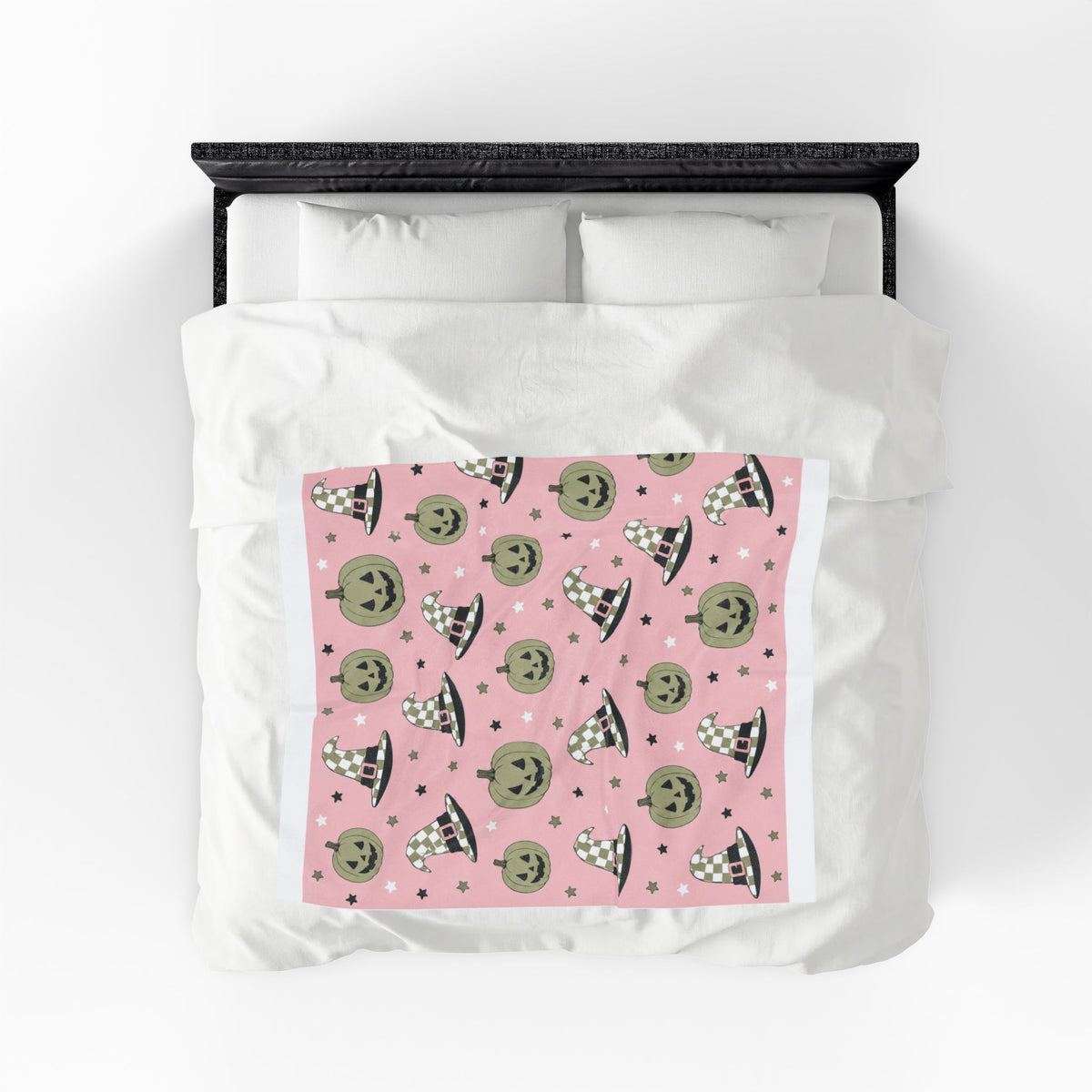 Velveteen Plush Blanket — Pink Halloween Jack-o'-Lanterns & Witch Hats Cozy Throw