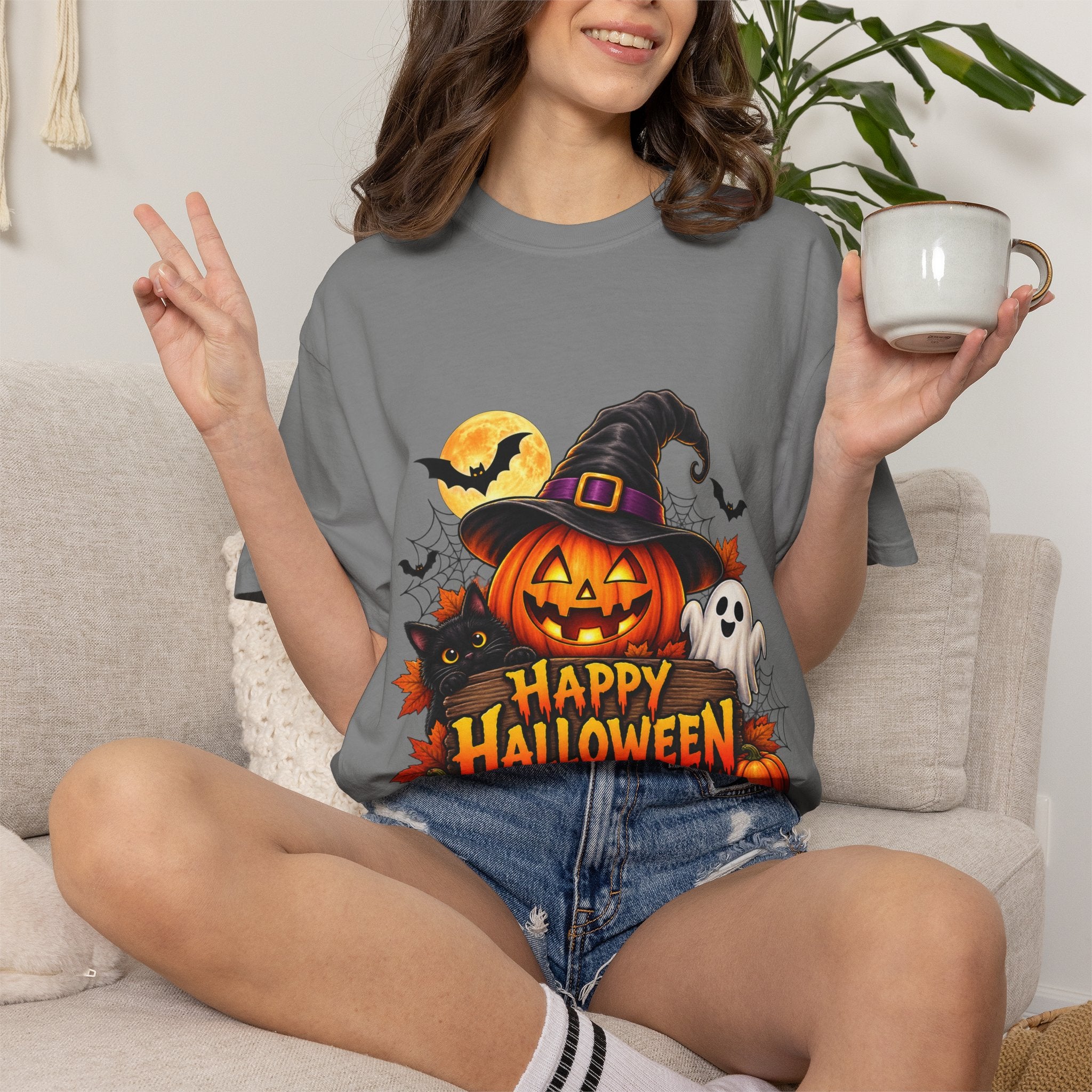 Happy Halloween Pumpkin Tee — Jack-o'-Lantern Witch Hat & Ghosts