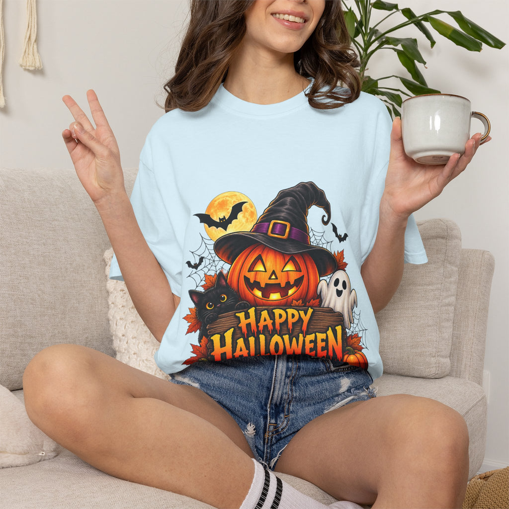 Happy Halloween Pumpkin Tee — Jack-o'-Lantern Witch Hat & Ghosts