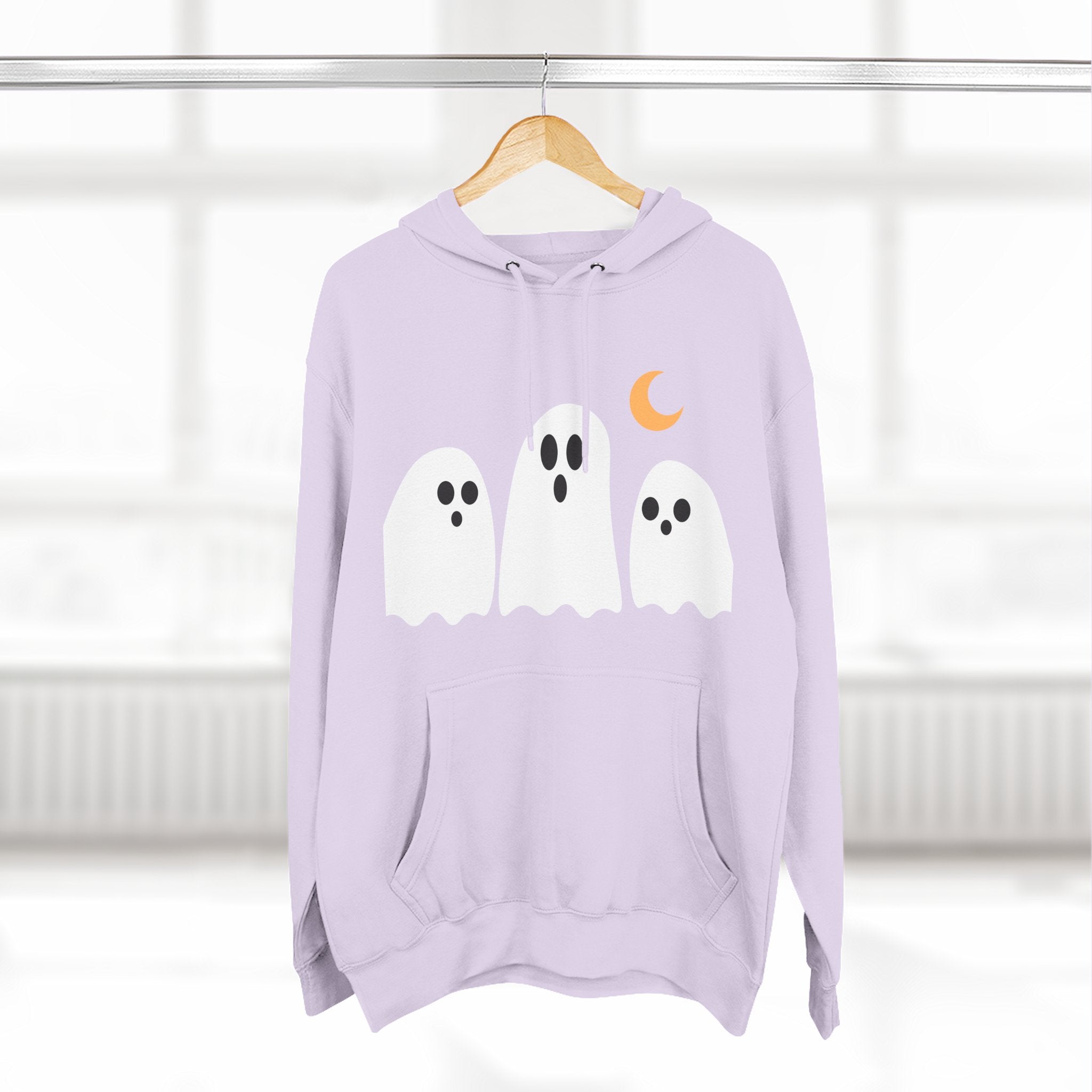 Ghost Trio Hoodie — Cute Halloween Fleece Pullover with Moon