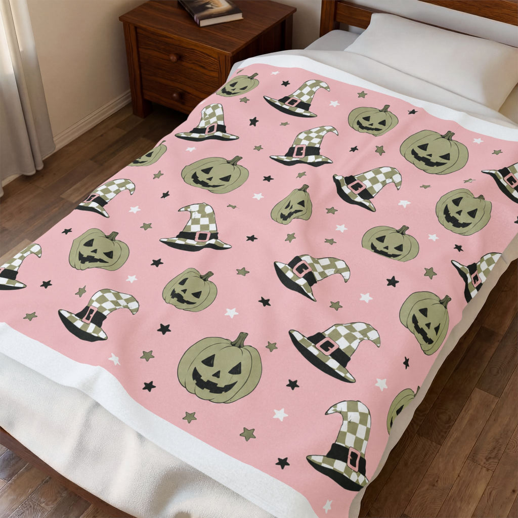 Velveteen Plush Blanket — Pink Halloween Jack-o'-Lanterns & Witch Hats Cozy Throw