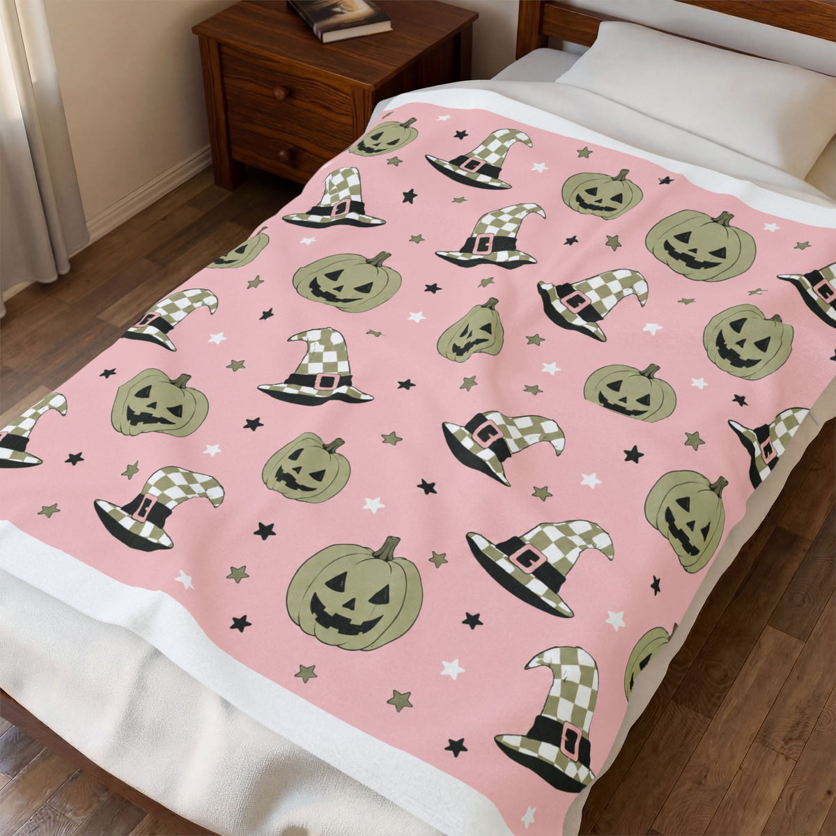 Velveteen Plush Blanket — Pink Halloween Jack-o'-Lanterns & Witch Hats Cozy Throw