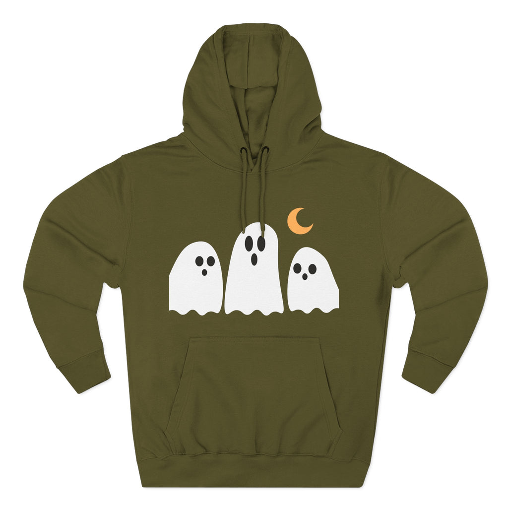 Ghost Trio Hoodie — Cute Halloween Fleece Pullover with Moon