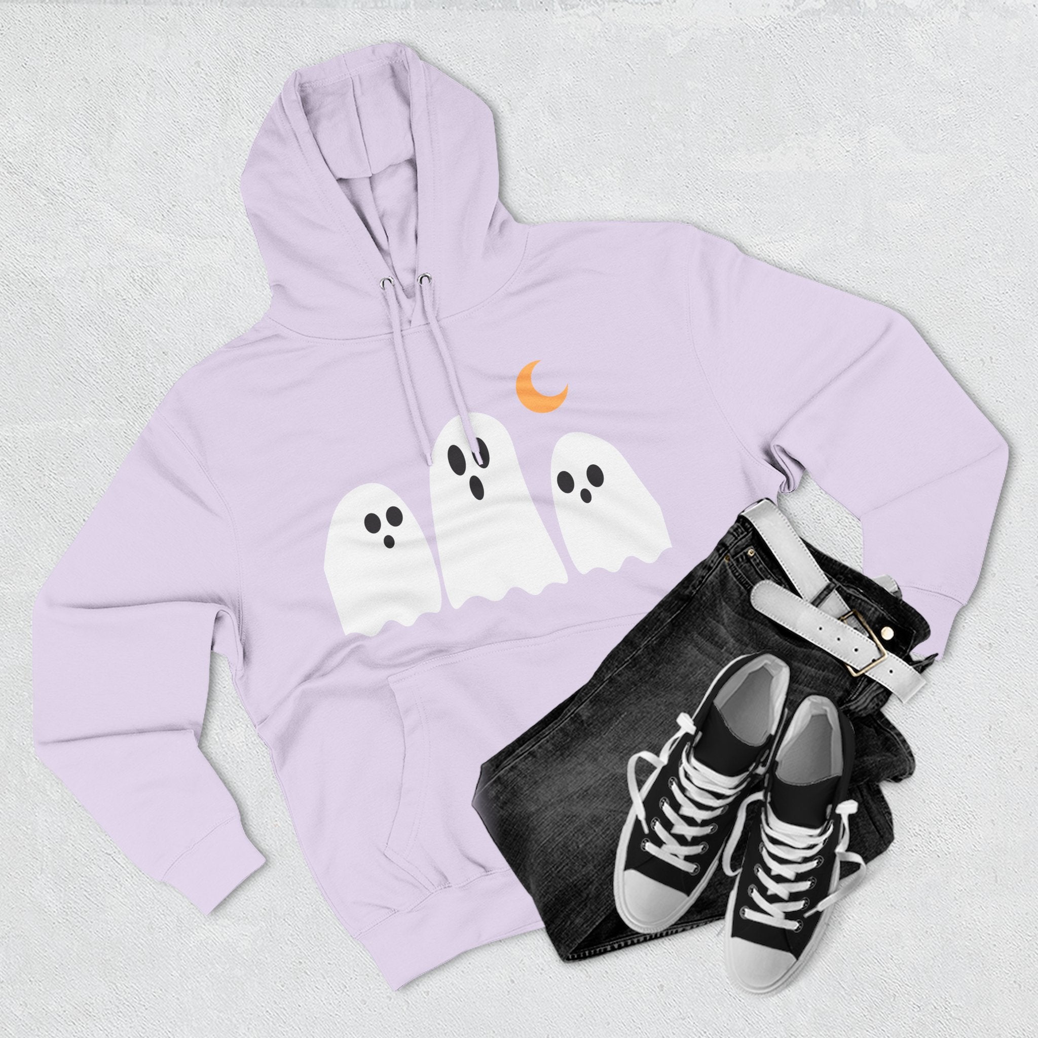 Ghost Trio Hoodie — Cute Halloween Fleece Pullover with Moon