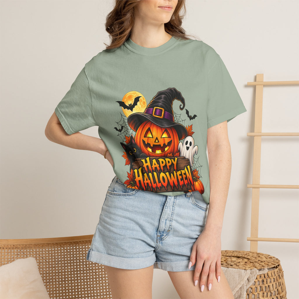 Happy Halloween Pumpkin Tee — Jack-o'-Lantern Witch Hat & Ghosts