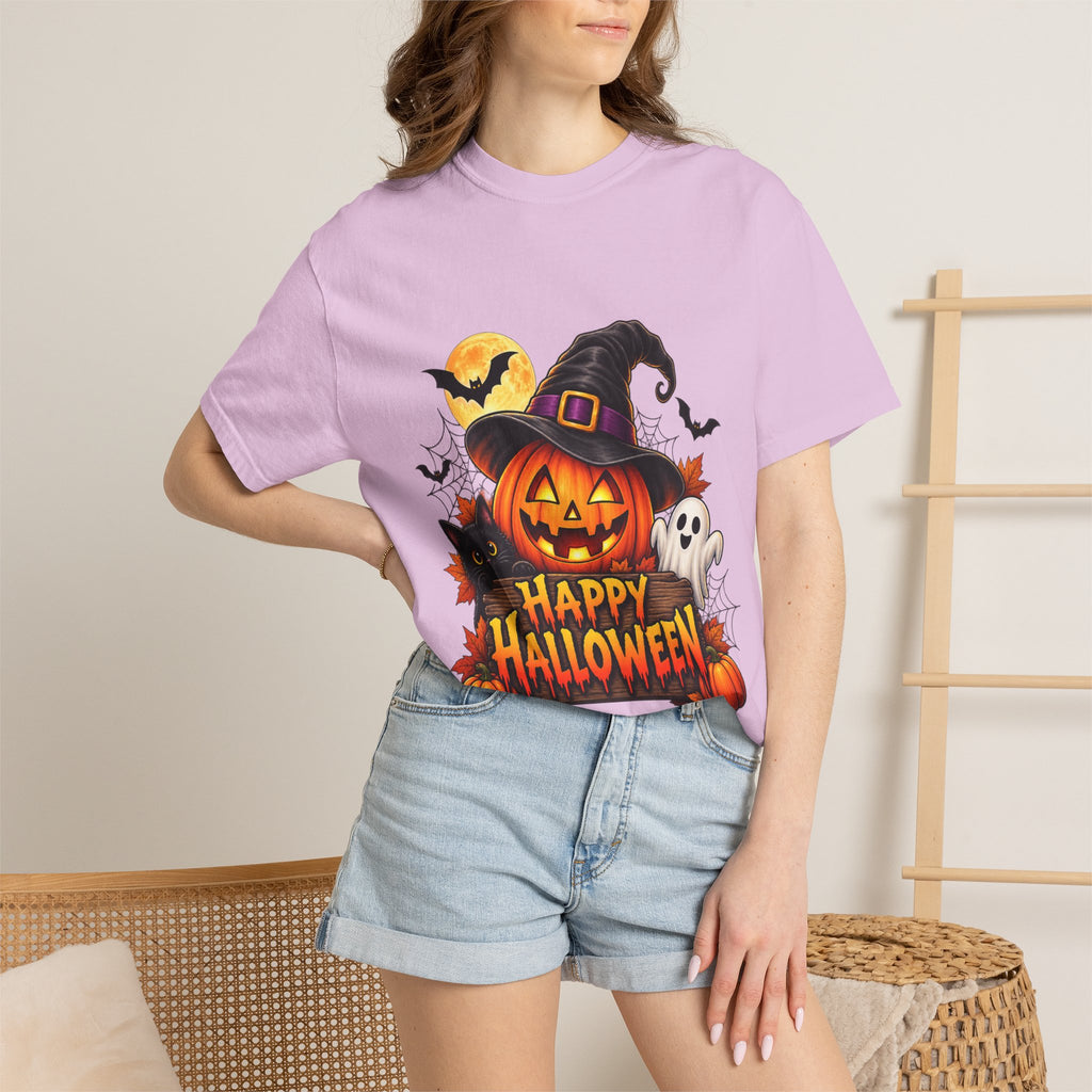 Happy Halloween Pumpkin Tee — Jack-o'-Lantern Witch Hat & Ghosts