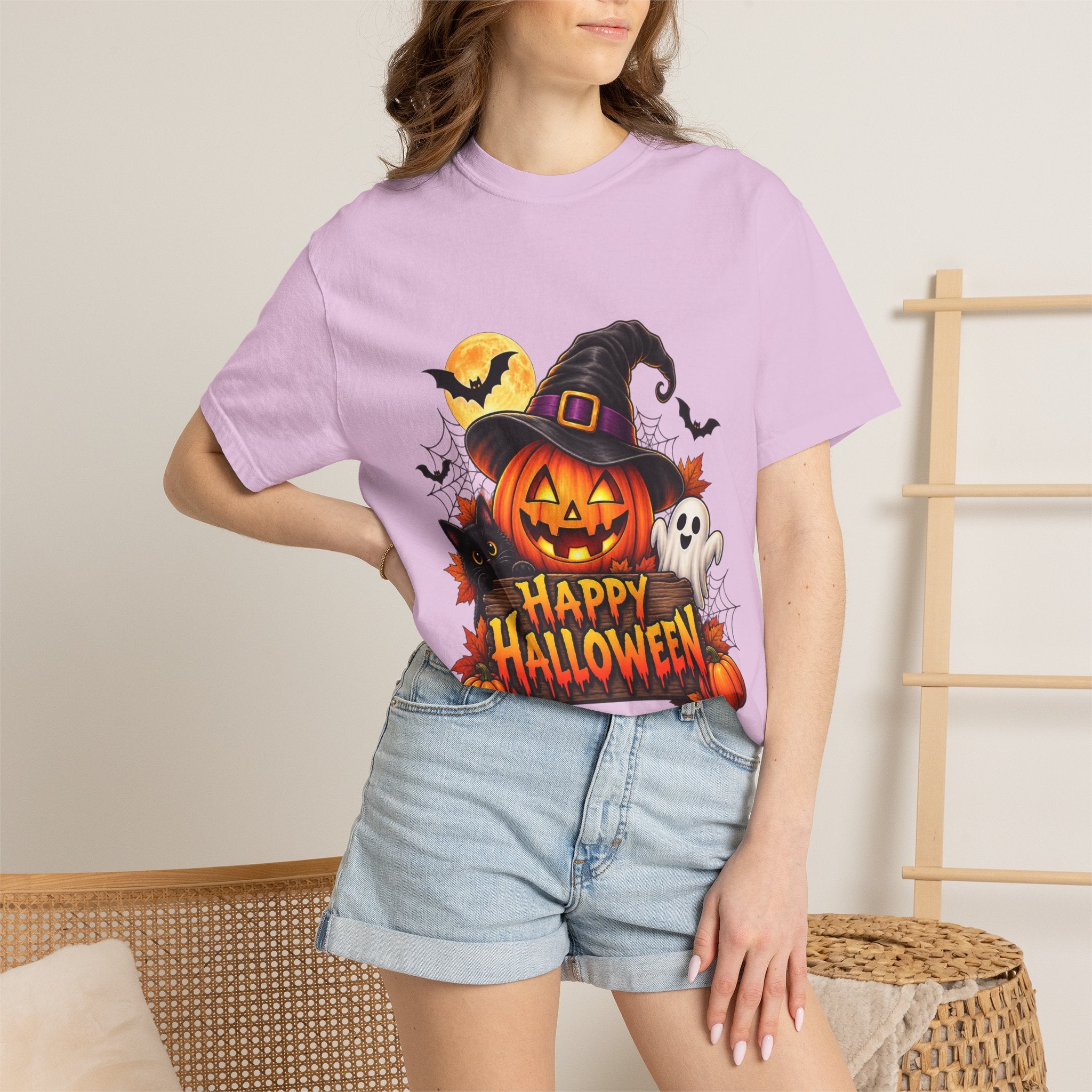 Happy Halloween Pumpkin Tee — Jack-o'-Lantern Witch Hat & Ghosts