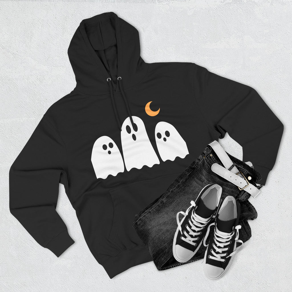 Ghost Trio Hoodie — Cute Halloween Fleece Pullover with Moon
