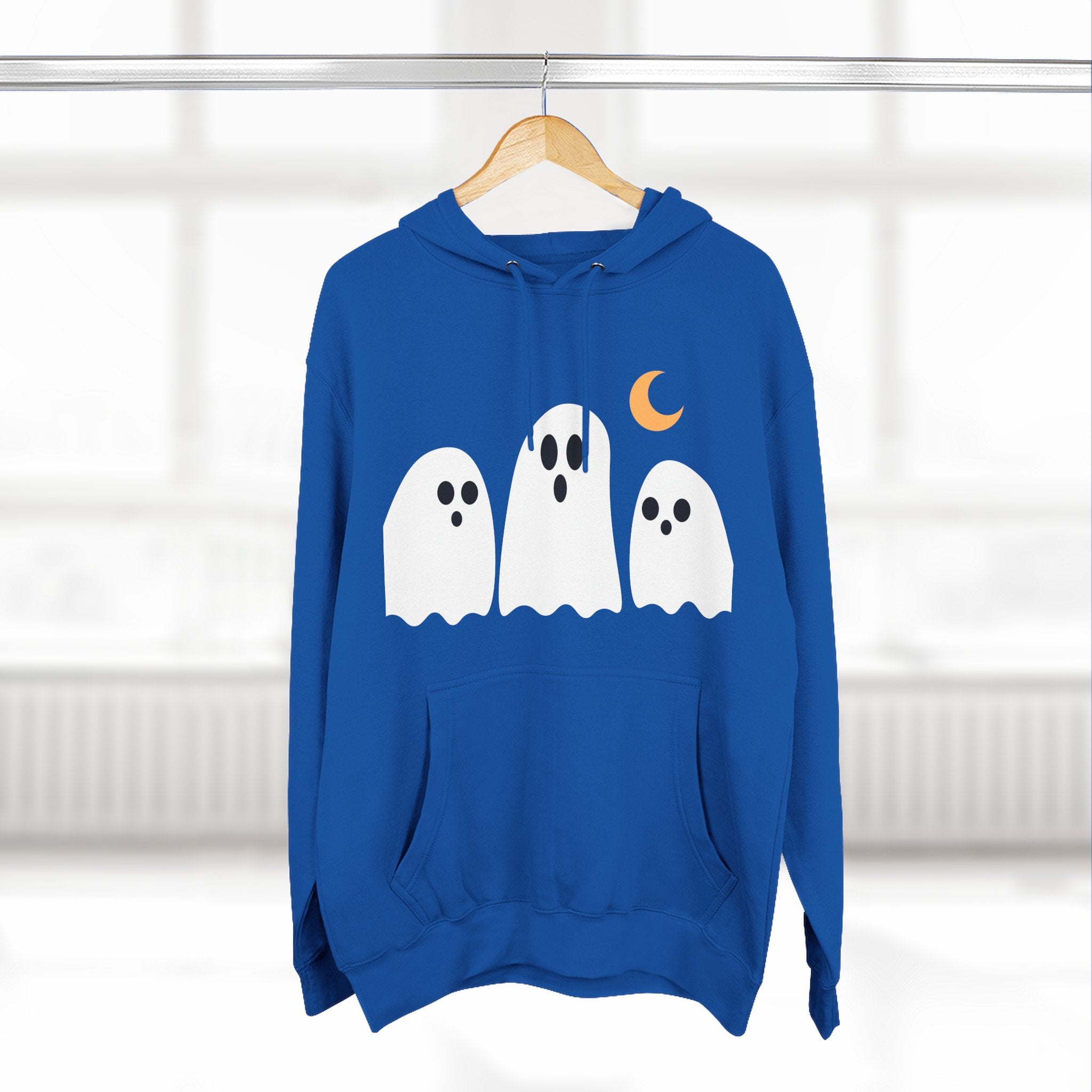 Ghost Trio Hoodie — Cute Halloween Fleece Pullover with Moon