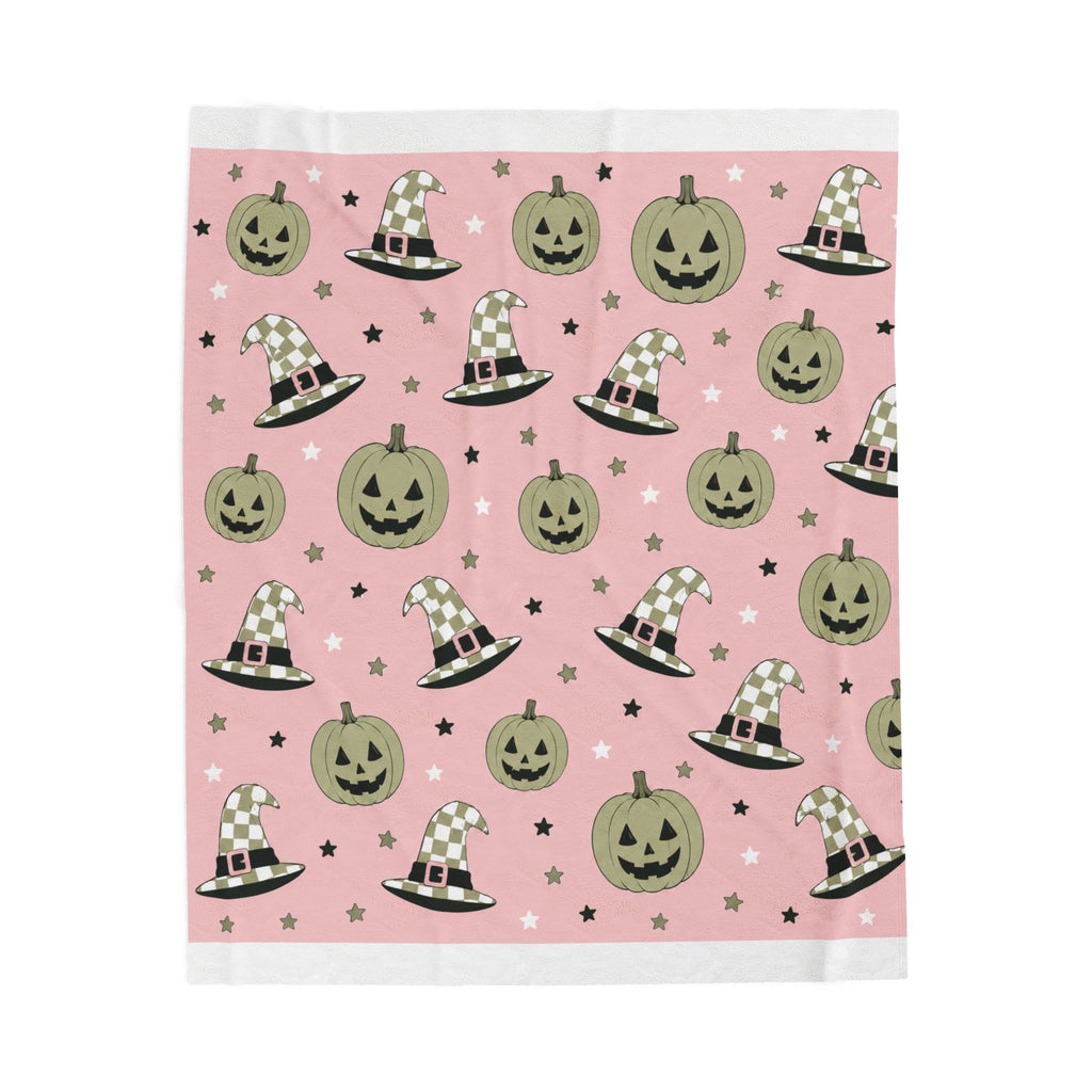 Velveteen Plush Blanket — Pink Halloween Jack-o'-Lanterns & Witch Hats Cozy Throw