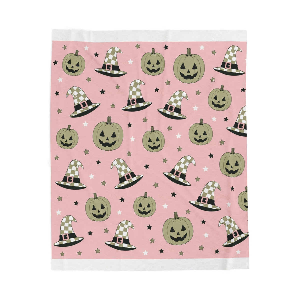 Velveteen Plush Blanket — Pink Halloween Jack-o'-Lanterns & Witch Hats Cozy Throw