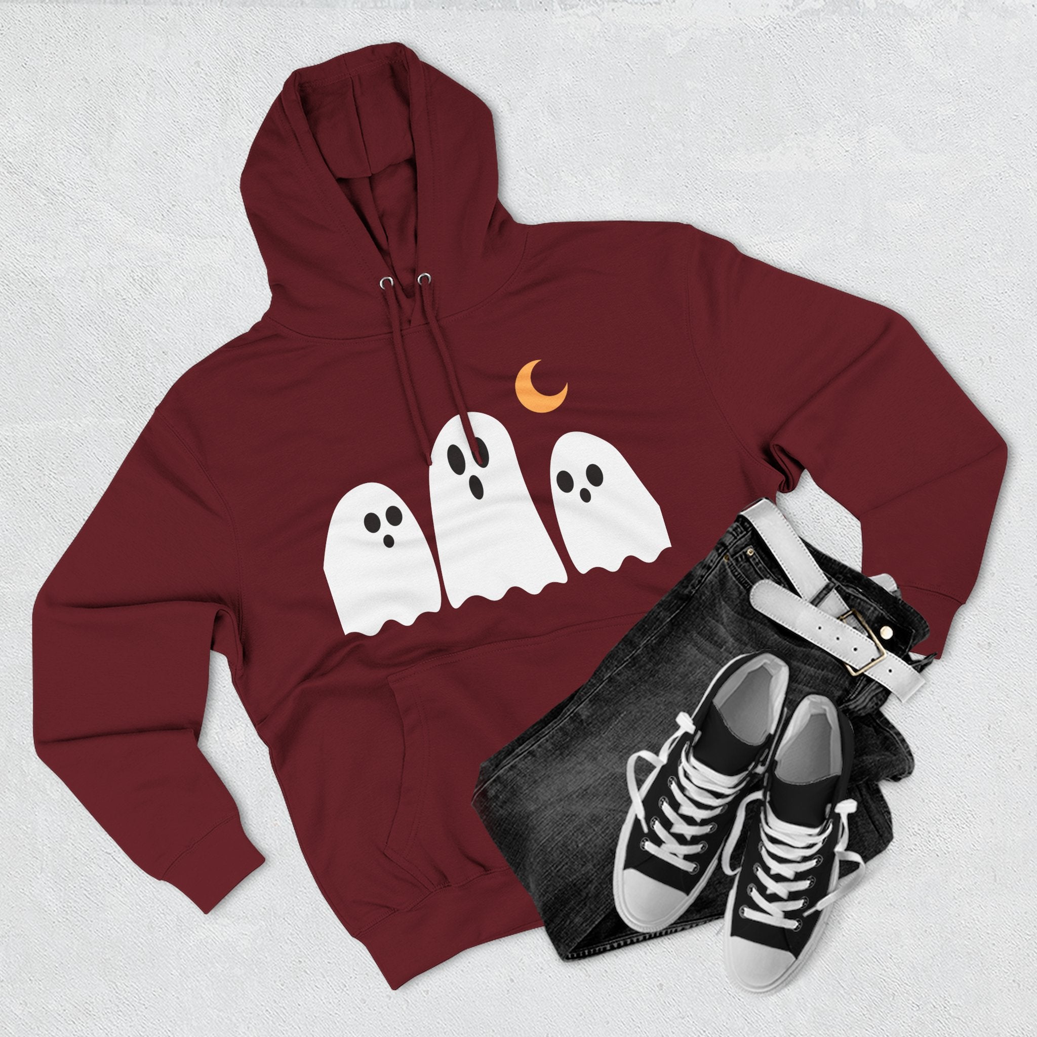 Ghost Trio Hoodie — Cute Halloween Fleece Pullover with Moon