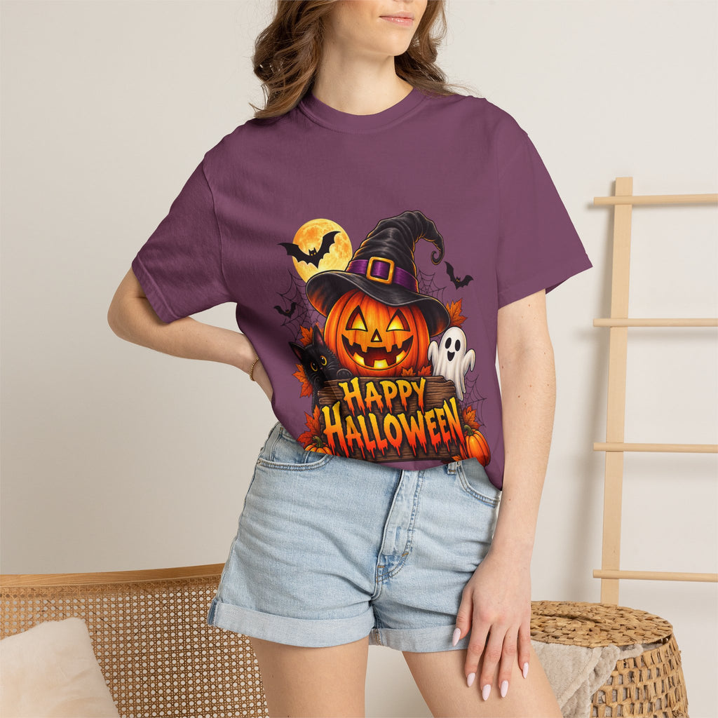 Happy Halloween Pumpkin Tee — Jack-o'-Lantern Witch Hat & Ghosts
