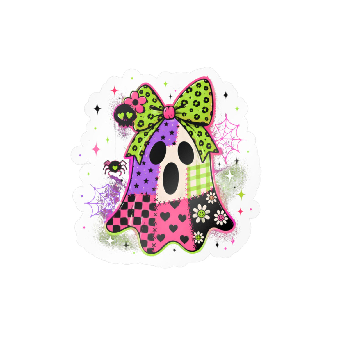 Kawaii Patchwork Ghost Kiss-Cut Vinyl Sticker — Cute Halloween Decal