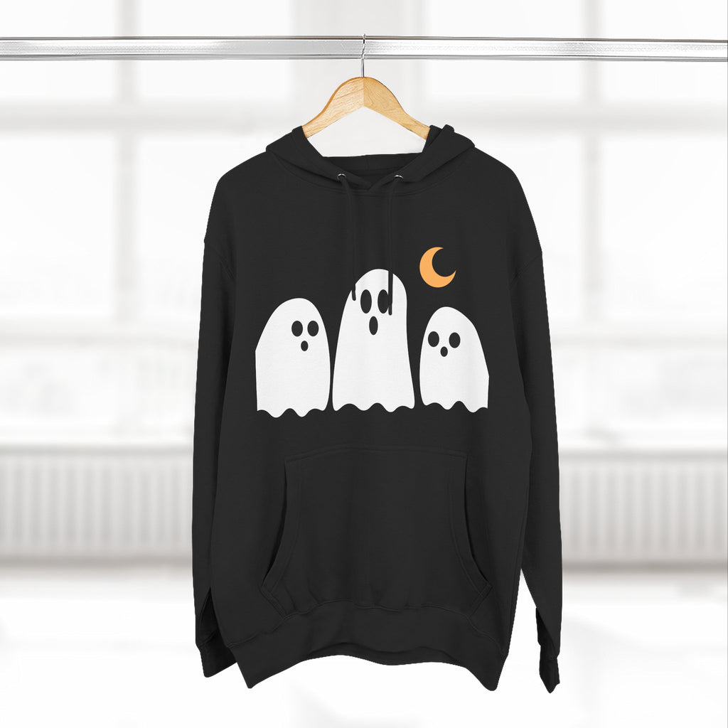 Ghost Trio Hoodie — Cute Halloween Fleece Pullover with Moon