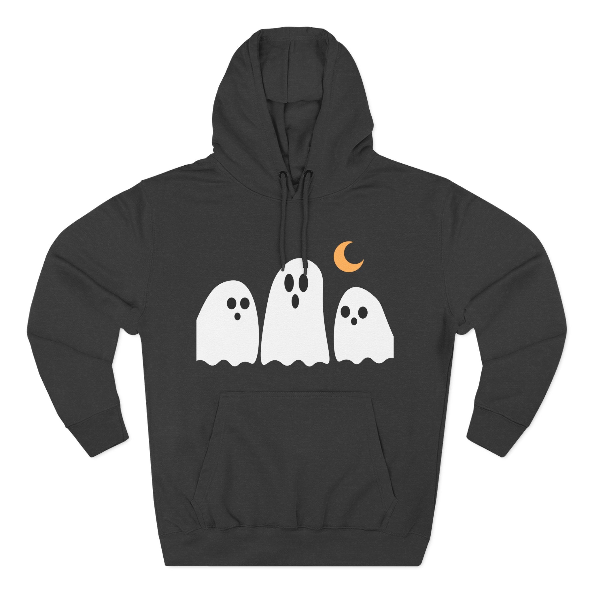 Ghost Trio Hoodie — Cute Halloween Fleece Pullover with Moon